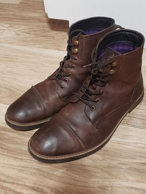 Ben Sherman Lace Up Men Leather Boots Size 10 Brown Purple/blue Plaid Lining